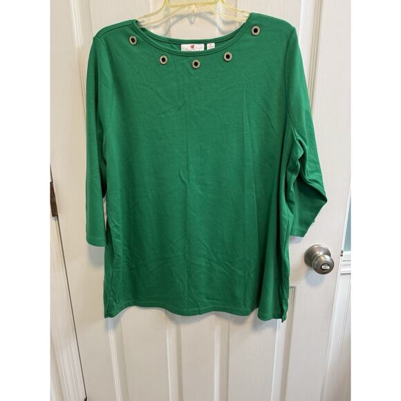 Quacker Factory XL Green Sweater Gold Rivets Around Neck 3/4 Sleeves - Picture 1 of 12